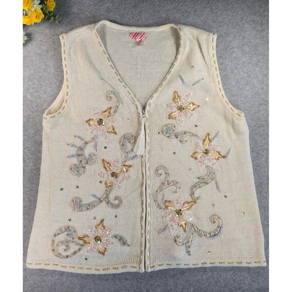 Vintage Holiday Editions Winter‎ Floral Embroidered Beaded Sequin Knit Vest XL